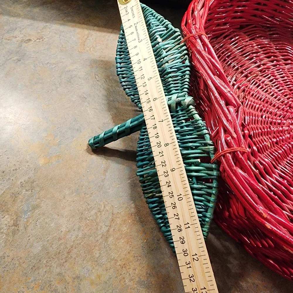 Vintage Red Wicker Apple Shaped Large Basket With Green Stem, Serving